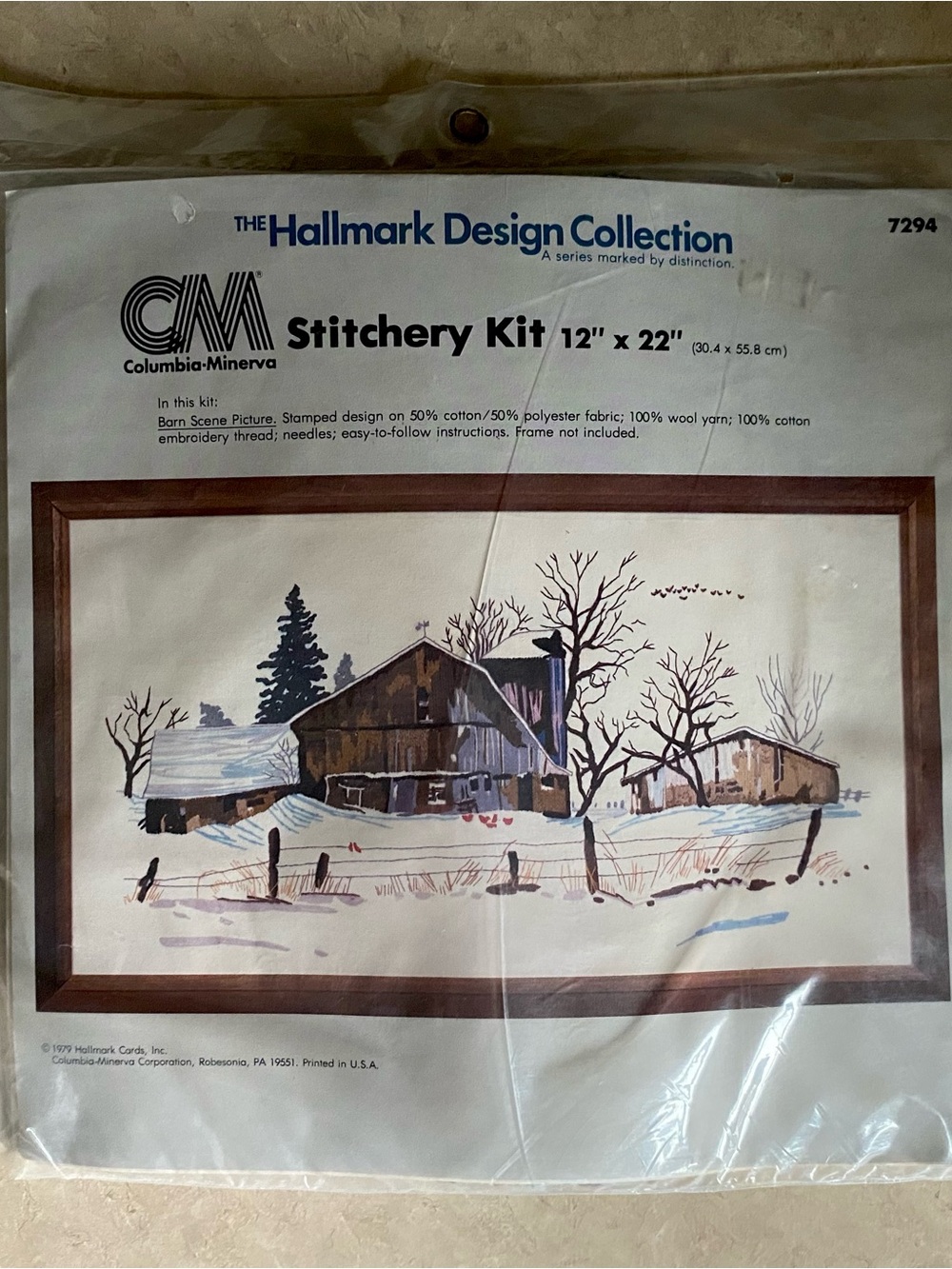 New Vintage 70s Columbia Minerva Hallmark Barn Scene Crewel Stitchery Kit 7294